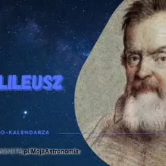 Galileusz, wielki astronom, na karcie z astro-kalendarza. Tło nocnego nieba.