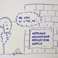 Postać z chmurką myśli "Nie wiem, co z tym nie..." stoi przed murem z napisem "Niepalenie, niewchodzenie, nieniszczenie, niepicie...".