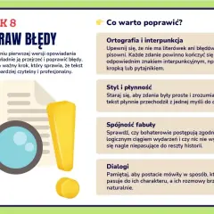 Grafika pokazuje lupę, wykrzyknik i tekst o poprawianiu błędów w artykule. Kluczowe wskazówki: ortografia, styl, spójność i dialogi.