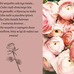 Piękny bukiet róż i róża z tekstem, który brzmi jak aforyzm o miłości i radości.