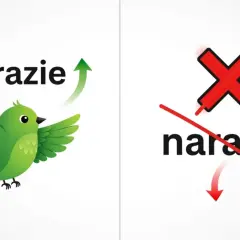 Zielony ptaszek leci w górę z napisem "na razie". Obok czerwony krzyżyk przekreśla "narazie".