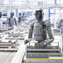 Roboty pracują na linii produkcyjnej, montując baterie. To przyszłość, którą przewidział każdy ekonomista.