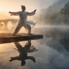 Starszy mężczyzna w białym stroju ćwiczy tai chi nad jeziorem o wschodzie słońca. Jego ruchy odzwierciedlają głęboką filozofię harmonii i spokoju.