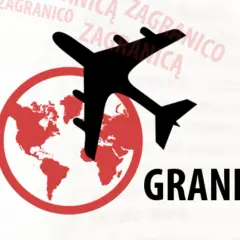 Samolot leci nad globusem. Napisy "ZA" i "GRANICĄ" sugerują podróż za granicę. Skąd dokąd?
