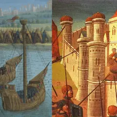 Bitwa o Konstantynopol: okręty na wodzie, wojsko na murach.