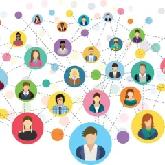 Wielobarwna sieć połączeń między ikonami ludzi symbolizuje networking i budowanie relacji.