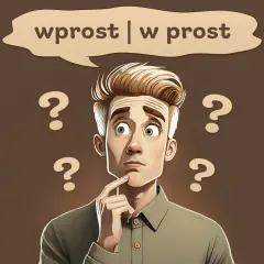 Zastanawiający mężczyzna otoczony znakami zapytania, myślący, czy napisać "wprost" czy "w prost".