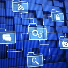 Cyfrowe foldery z ikonami: Wi-Fi, czat, ustawienia, zamek, aparat, lupa. To wizualizacja systemu, gdzie aksjologia danych jest kluczowa.