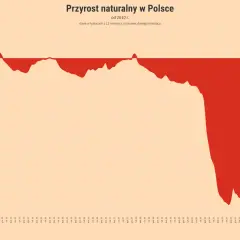 Wykres pokazuje przyrost naturalny w Polsce od 2010 roku. Początkowo dodatni, od 2015 roku systematycznie spada, osiągając głębokie wartości ujemne.