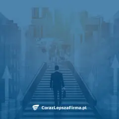 Biznesmen wchodzi po schodach ku miejskiemu krajobrazowi, symbolizując wzrost i pozytywny cash flow.