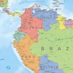 Mapa polityczna Ameryka Południowa kraje: Brazylia, Peru, Kolumbia, Wenezuela, Ekwador, Boliwia, Gujana, Surinam, Gujana Francuska.