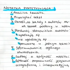 Notatka syntetyzująca schemat: analiza tematu, porównanie stanowisk autorów, formułowanie wniosków i dbałość o poprawność językową.