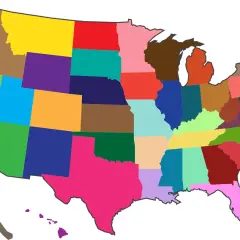Kolorowa mapa USA pokazuje, ile jest stanów w USA. Każdy stan ma inny kolor.