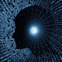 Sylwetka ludzkiej głowy zbudowana z obwodów drukowanych, emanująca światłem. Symbolizuje nowy paradygmat myślenia i rozwoju technologicznego.