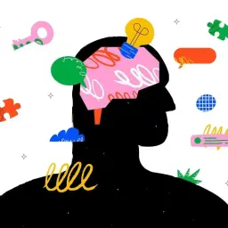Sylwetka głowy z kolorowym mózgiem, wokół symbole pomysłów, kluczy i puzzli. Paradoks myśli, które tworzą całość.