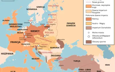 Mapa Europy po I wojnie światowej, ukazująca zmiany terytorialne wynikające z traktatu wersalskiego.