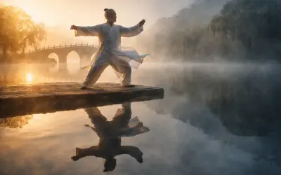 Starszy mężczyzna w białym stroju ćwiczy tai chi nad jeziorem o wschodzie słońca. Jego ruchy odzwierciedlają głęboką filozofię harmonii i spokoju.