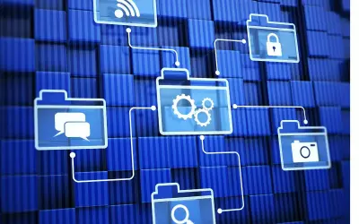 Cyfrowe foldery z ikonami: Wi-Fi, czat, ustawienia, zamek, aparat, lupa. To wizualizacja systemu, gdzie aksjologia danych jest kluczowa.