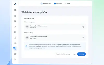 Walidacja e-podpisów: przesłano plik XML i PDF. Kliknij "Waliduj", aby sprawdzić poprawność dokumentów.