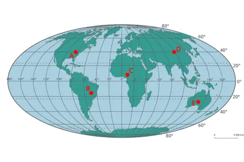 Mapa świata z zaznaczonymi punktami A-E, ilustrująca różne kierunki świata i położenie geograficzne.