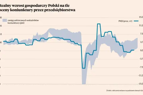 Wykres pokazuje PKB Polski (proc. r/r) i wskaźniki koniunktury. Widać wyraźny wzrost gospodarczy, mimo zmiennej koniunktury.
