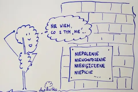 Postać z chmurką myśli "Nie wiem, co z tym nie..." stoi przed murem z napisem "Niepalenie, niewchodzenie, nieniszczenie, niepicie...".
