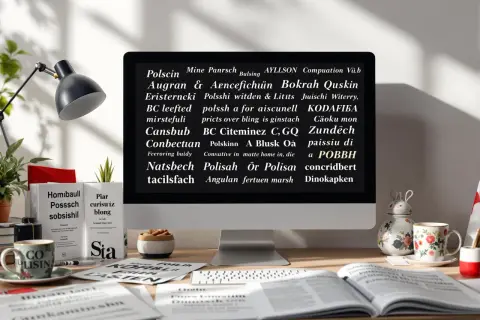 Na biurku stoi komputer z tekstem, gdzie widać polskie znaki. Obok kubek, książki i lampka.