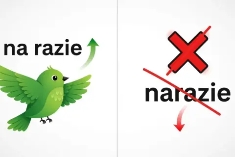 Zielony ptaszek leci w górę z napisem "na razie". Obok czerwony krzyżyk przekreśla "narazie".