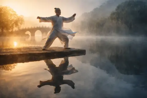 Starszy mężczyzna w białym stroju ćwiczy tai chi nad jeziorem o wschodzie słońca. Jego ruchy odzwierciedlają głęboką filozofię harmonii i spokoju.