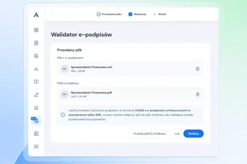 Walidacja e-podpisów: przesłano plik XML i PDF. Kliknij "Waliduj", aby sprawdzić poprawność dokumentów.