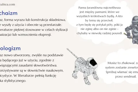 Neologizm – nowy wyraz, jak robot na obrazku, który może stać się częścią języka. Archaizm to coś z przeszłości, jak rycerz.
