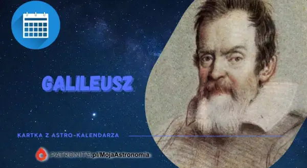 Galileusz, wielki astronom, na karcie z astro-kalendarza. Tło nocnego nieba.