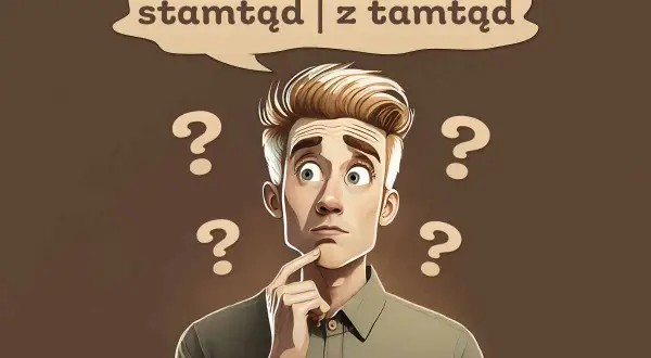 Zastanawia się, stamtąd czy z tamtąd? Wokół niego unoszą się znaki zapytania, podkreślając jego dylemat.