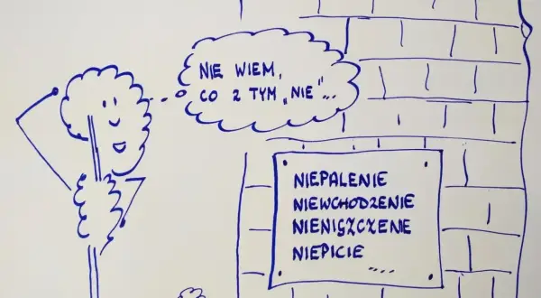 Postać z chmurką myśli "Nie wiem, co z tym nie..." stoi przed murem z napisem "Niepalenie, niewchodzenie, nieniszczenie, niepicie...".