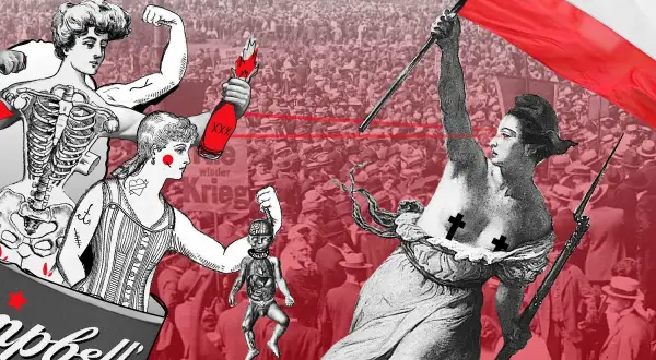 Silne kobiety, symbol feminizmu, walczą o wolność na tle tłumu. Jedna trzyma płonącą butelkę, druga unosi polską flagę.