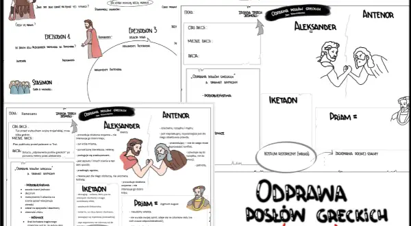 Odprawa posłów greckich" - bohaterowie Aleksander i Antenor, dyskusja o wojnie trojańskiej.