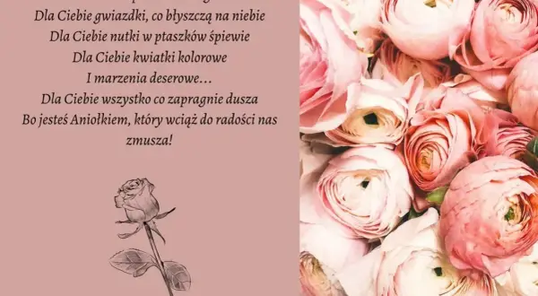 Piękny bukiet róż i róża z tekstem, który brzmi jak aforyzm o miłości i radości.