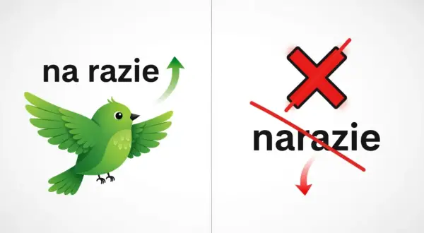 Zielony ptaszek leci w górę z napisem "na razie". Obok czerwony krzyżyk przekreśla "narazie".