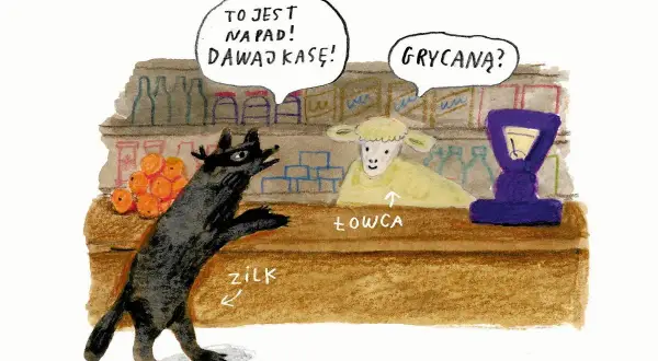 Czarny wilk, który jest hiperbolą złodzieja, napada na owcę sprzedawczynię w sklepie.
