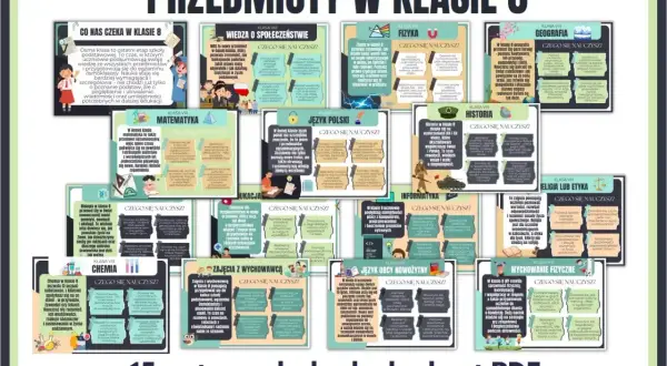 Przedmioty w 8 klasie: matematyka, fizyka, historia, geografia, język polski, chemia, biologia, informatyka, WOS, wychowanie fizyczne, religia/etyka, zajęcia z wychowawcą.