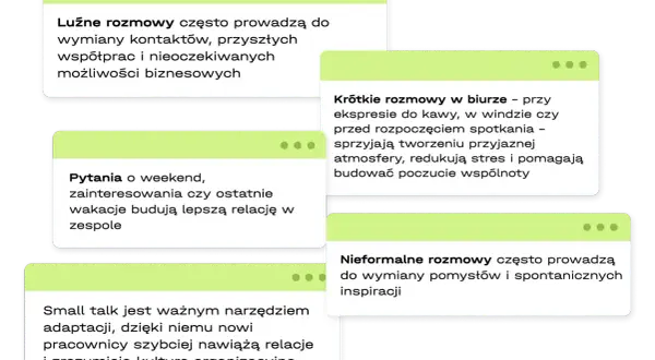 Luźne rozmowy, pytania o weekend i small talk budują relacje i sprzyjają wymianie pomysłów. Komentarze te podkreślają znaczenie nieformalnych rozmów w pracy.
