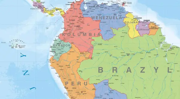 Mapa polityczna Ameryka Południowa kraje: Brazylia, Peru, Kolumbia, Wenezuela, Ekwador, Boliwia, Gujana, Surinam, Gujana Francuska.