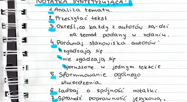 Notatka syntetyzująca schemat: analiza tematu, porównanie stanowisk autorów, formułowanie wniosków i dbałość o poprawność językową.