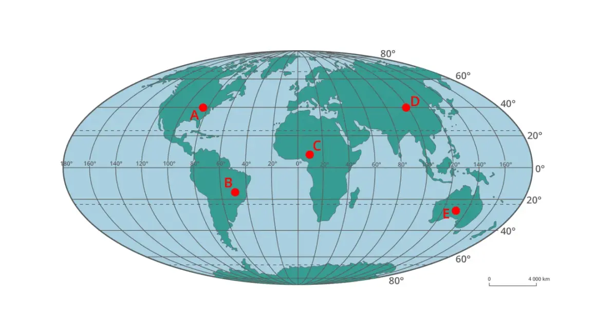 Mapa świata z zaznaczonymi punktami A-E, ilustrująca różne kierunki świata i położenie geograficzne.