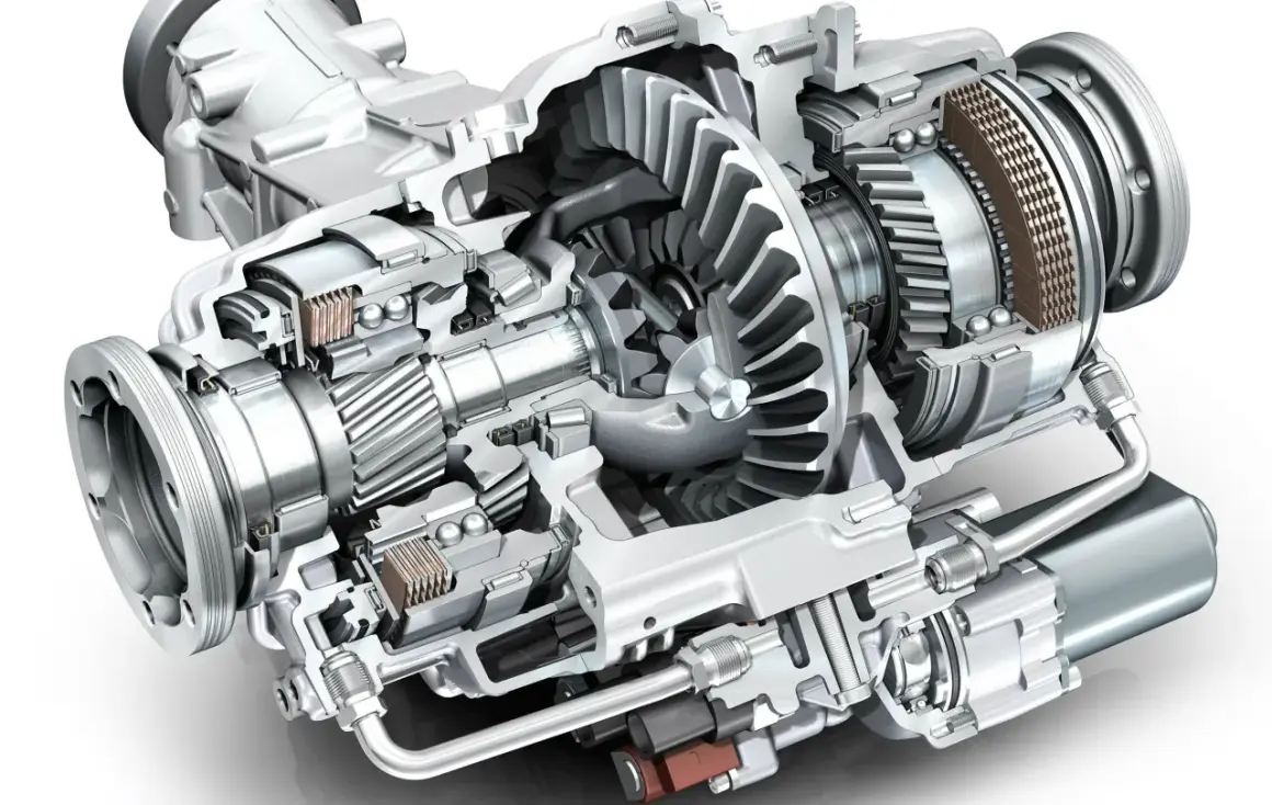 Przekrój mechanizmu różnicowego z widocznymi kołami zębatymi, łożyskami i elementami sprzęgła.