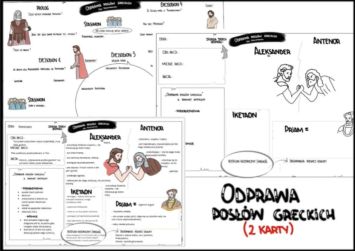 Odprawa posłów greckich" - bohaterowie Aleksander i Antenor, dyskusja o wojnie trojańskiej.