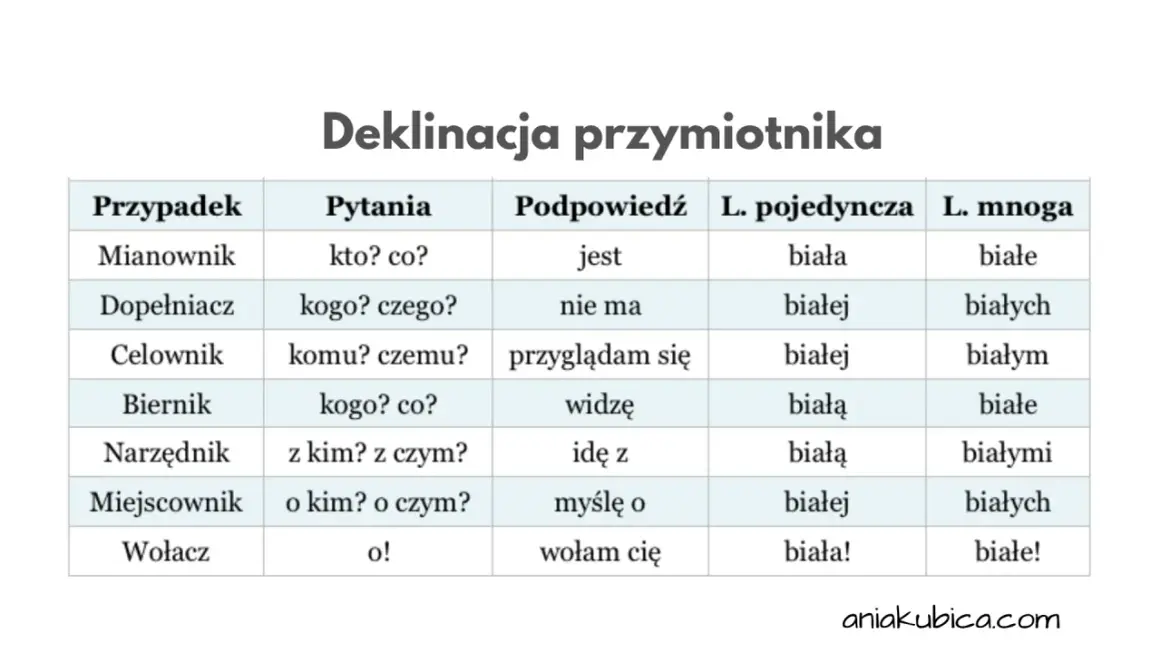 Tabela pokazuje, na co odpowiada przymiotnik w różnych przypadkach języka polskiego, np. "biała" w mianowniku.