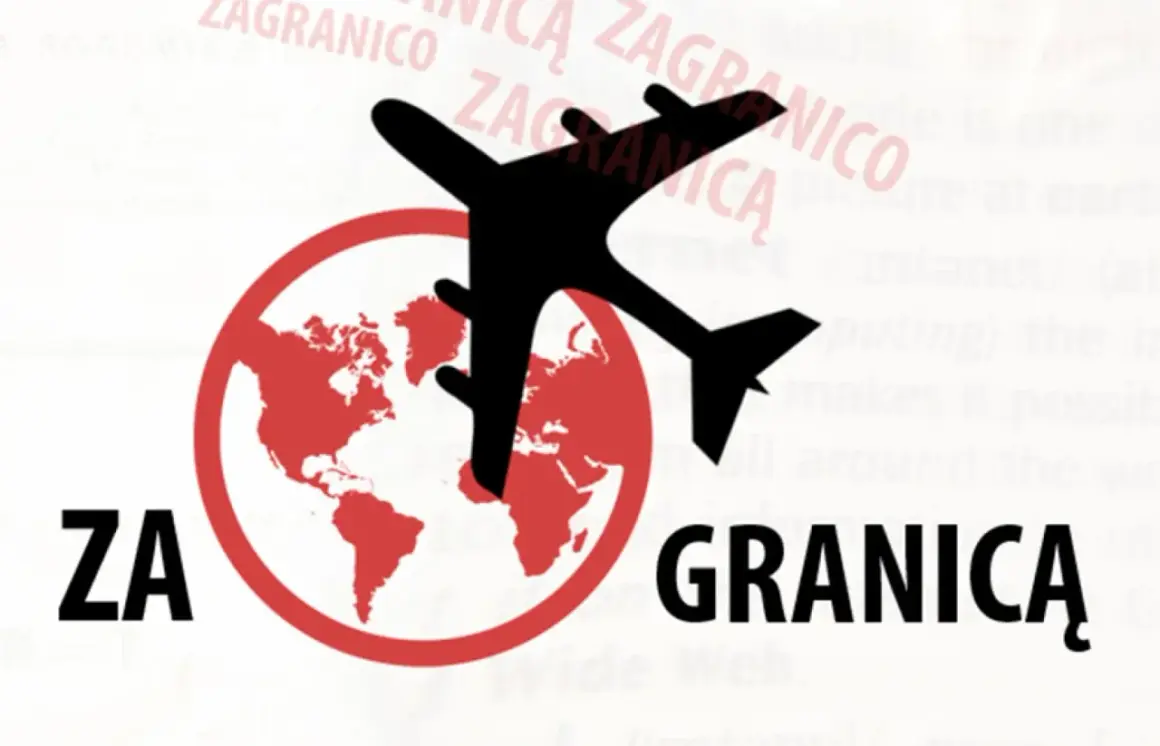 Samolot leci nad globusem. Napisy "ZA" i "GRANICĄ" sugerują podróż za granicę. Skąd dokąd?