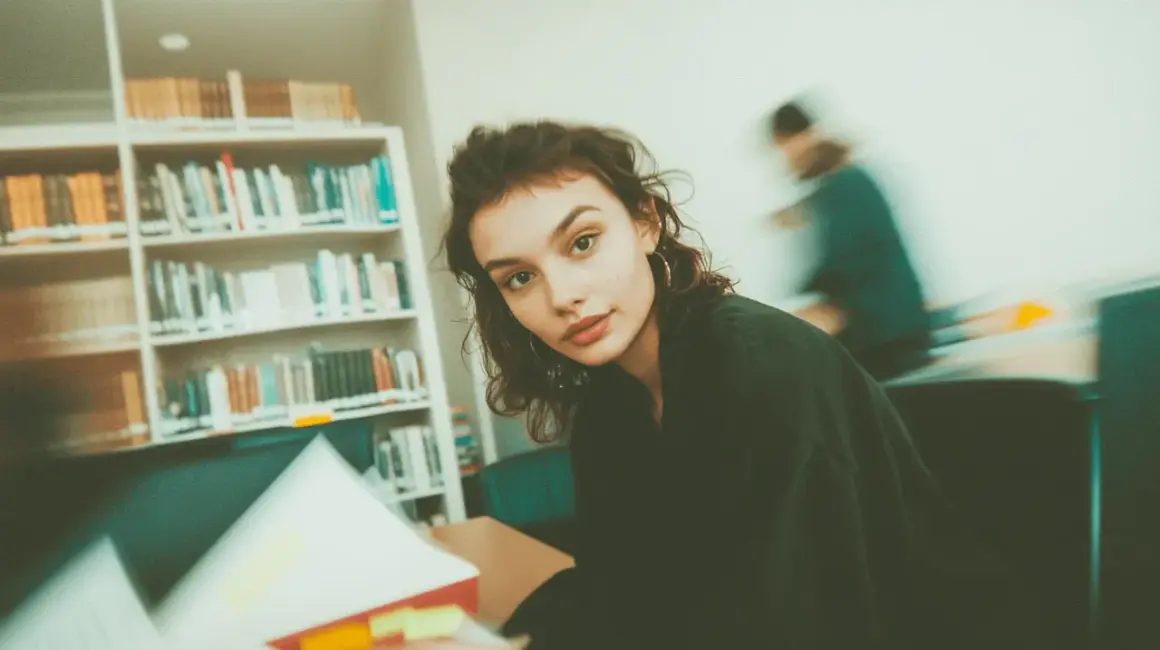 Młoda kobieta studiuje w bibliotece, otoczona regałami pełnymi książek. Jej wzrok skierowany jest na otwartą księgę, a w tle widać inne osoby pochłonięte lekturą. To idealne miejsce do tworzenia bibliografii.