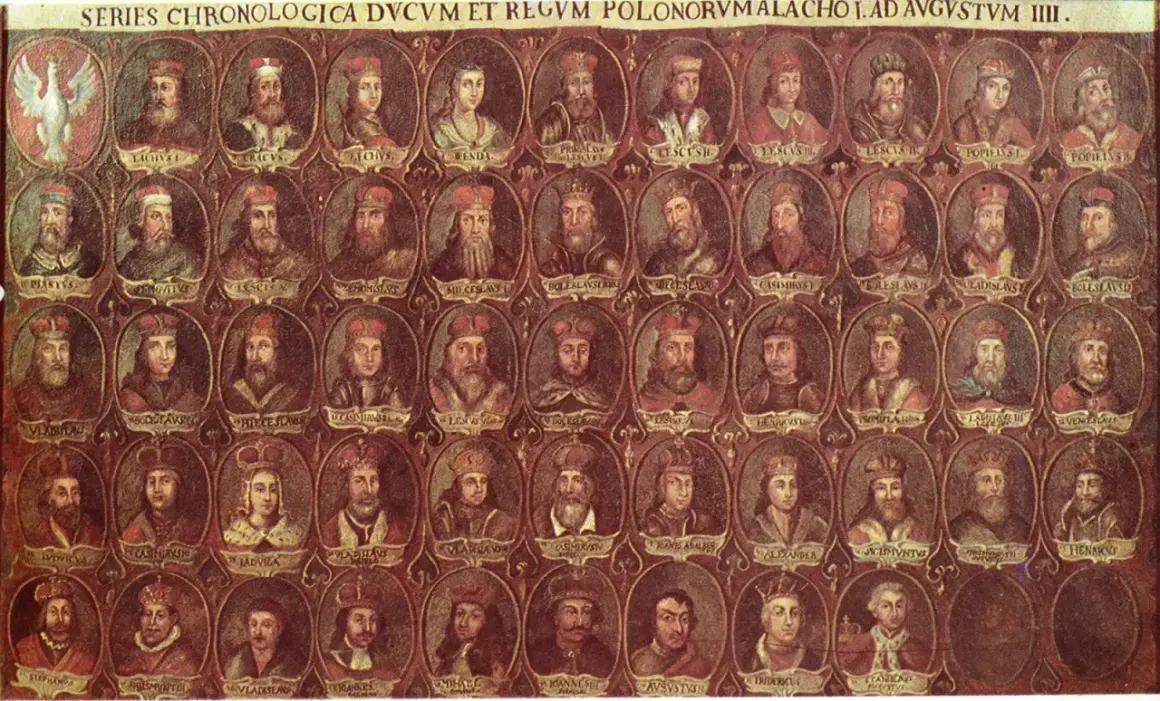 Portrety królów Polski w owalach, od Mieszka I do Augusta III. Długa historia władców Polski.